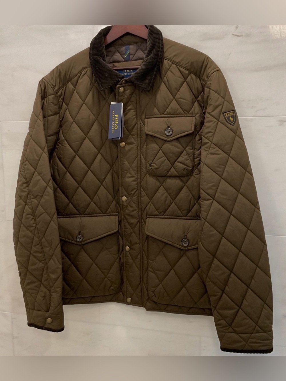 NWT Polo Ralph Lauren DARK BROWN Quilted Field Jacket w/Corduroy Collar - LARGE